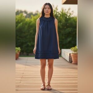 Ann Taylor LOFT Navy Blue Cotton Silk Ruffle Shift Dress Sleeveless Size 0